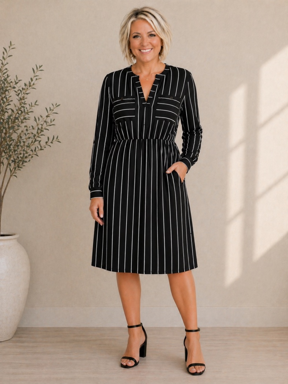 Who What Wear black and white striped dress.